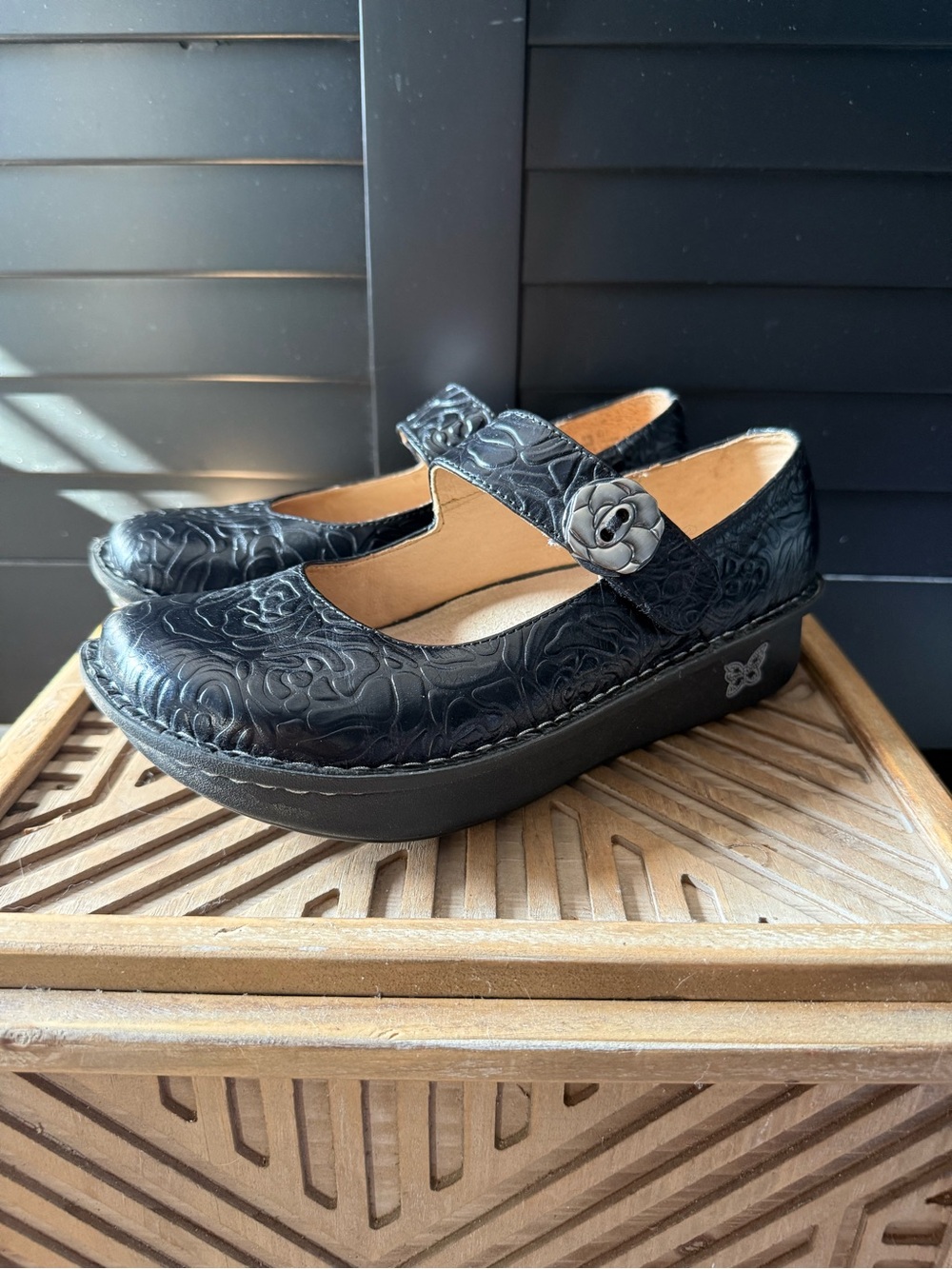 Alegria Paloma Black Floral Embossed Mary Jane Clog